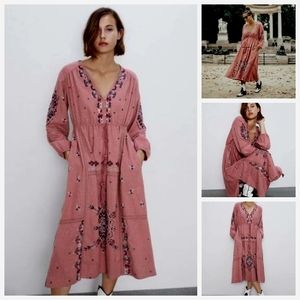 NWT Zara Southwestern Embroidered Long Sleeve V-Neck Maxi Dress Size Large Pink